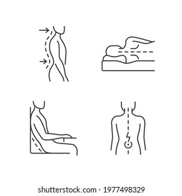 Postural dysfunction linear icons set. Lumbar lordosis. Side-lying sleeping position. Muscle spasms. Customizable thin line contour symbols. Isolated vector outline illustrations. Editable stroke