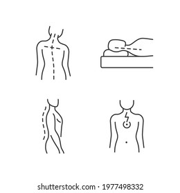 Postural dysfunction linear icons set. Head tilt. Incorrect sleeping position. Normal spinal anatomy. Customizable thin line contour symbols. Isolated vector outline illustrations. Editable stroke