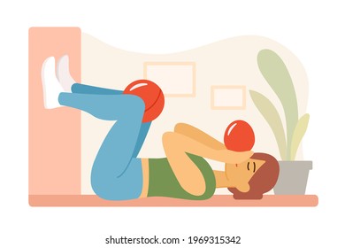 Postural Restoration. Physical Therapy. Girl inflates balloon lying on floor. Ball between knees. Retain Breathing Mechanics in Modern Manual Therapy. Vector flat illustration concept