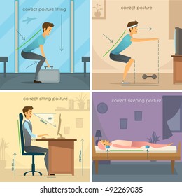 Posture 2x2 design concept set of correct lifting squats sitting and sleeping poses flat vector illustration