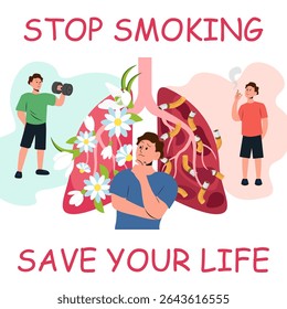 A posture about the harmfulness of smoking. "STOP SMOKING SAVE YOUR LIFE". Vector illustration