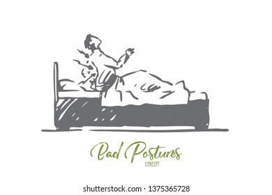 Posture, bad, spine, bed, health concept. Hand drawn man with backache lying in bed concept sketch. Isolated vector illustration.