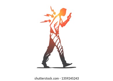 Posture, bad, spine, phone, walk concept. Hand drawn man has pain in spine while walking with mobile phone concept sketch. Isolated vector illustration.