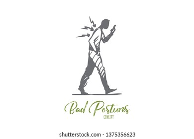 Posture, bad, spine, phone, walk concept. Hand drawn man has pain in spine while walking with mobile phone concept sketch. Isolated vector illustration.