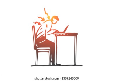 Posture, bad, spine, sit, table, wrong concept. Hand drawn man works at the computer in wrong posture concept sketch. Isolated vector illustration.