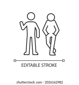 Posture in communication linear icon. Body language. Nonverbal signal. Showing personality traits. Thin line customizable illustration. Contour symbol. Vector isolated outline drawing. Editable stroke