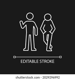 Posture in communication white linear icon for dark theme. Body language. Nonverbal signal. Thin line customizable illustration. Isolated vector contour symbol for night mode. Editable stroke