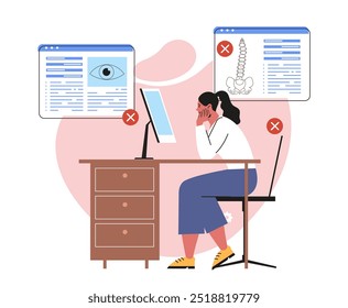 Posture correction concept. Woman sitting at computer monitor. Biology and anatomy. Healthcare and medicine. Poster or banner. Flat vector illustration isolated on white background