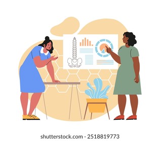 Posture correction concept. Women in doctors office with graphs. Biology and anatomy. Healthcare and medicine. Graphic element for website. Flat vector illustration isolated on white background