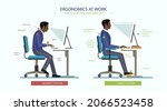 Posture correction. Good, right or bad, wrong, incorrect spine seat position. Correct posture neck, back. Human health, medical diagram. Ergonomic workstation, workplace sit. Vector illustration. 
