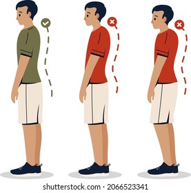 Posture Correction. Good, Right Or Bad, Wrong, Incorrect Spine Seat Position. Correct Posture Neck, Back. Human Health, Medical Diagram. Ergonomic Workstation, Workplace Sit. Vector Illustration. 
