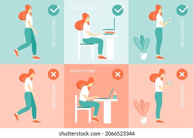 Posture Correction. Good, Right Or Bad, Wrong, Incorrect Spine Seat Position. Correct Posture Neck, Back. Human Health, Medical Diagram. Ergonomic Workstation, Workplace Sit. Vector Illustration. 
