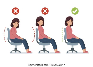 Posture Correction. Good, Right Or Bad, Wrong, Incorrect Spine Seat Position. Correct Posture Neck, Back. Human Health, Medical Diagram. Ergonomic Workstation, Workplace Sit. Vector Illustration. 
