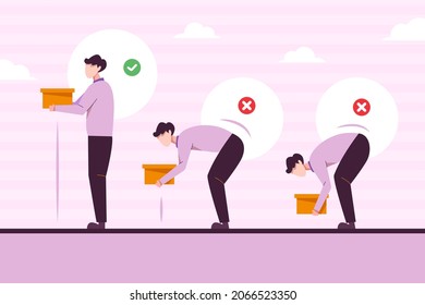 Posture correction. Good, right or bad, wrong, incorrect spine seat position. Correct posture neck, back. Human health, medical diagram. Ergonomic workstation, workplace sit. Vector illustration. 
