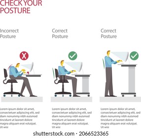 Corrección de postura. Buena, correcta o mala, incorrecta, incorrecta posición del asiento de columna vertebral. Corto cuello de postura, espalda. Salud humana, diagrama médico. Estación de trabajo ergonómica, lugar de trabajo. Ilustración vectorial. 
