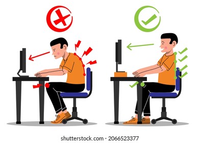 Posture correction. Good, right or bad, wrong, incorrect spine seat position. Correct posture neck, back. Human health, medical diagram. Ergonomic workstation, workplace sit. Vector illustration. 
