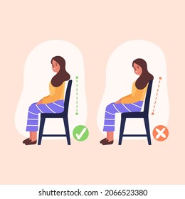 Posture Correction. Good, Right Or Bad, Wrong, Incorrect Spine Seat Position. Correct Posture Neck, Back. Human Health, Medical Diagram. Ergonomic Workstation, Workplace Sit. Vector Illustration. 
