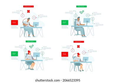 Posture Correction. Good, Right Or Bad, Wrong, Incorrect Spine Seat Position. Correct Posture Neck, Back. Human Health, Medical Diagram. Ergonomic Workstation, Workplace Sit. Vector Illustration. 
