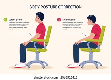 Posture Correction. Good, Right Or Bad, Wrong, Incorrect Spine Seat Position. Correct Posture Neck, Back. Human Health, Medical Diagram. Ergonomic Workstation, Workplace Sit. Vector Illustration. 
