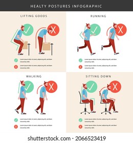 Posture Correction. Good, Right Or Bad, Wrong, Incorrect Spine Seat Position. Correct Posture Neck, Back. Human Health, Medical Diagram. Ergonomic Workstation, Workplace Sit. Vector Illustration. 
