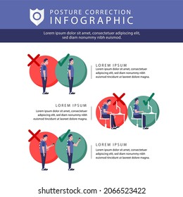 Posture correction. Good, right or bad, wrong, incorrect spine seat position. Correct posture neck, back. Human health, medical diagram. Ergonomic workstation, workplace sit. Vector illustration. 
