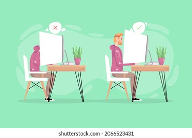 Posture correction. Good, right or bad, wrong, incorrect spine seat position. Correct posture neck, back. Human health, medical diagram. Ergonomic workstation, workplace sit. Vector illustration. 

