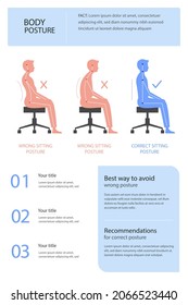 Posture Correction. Good, Right Or Bad, Wrong, Incorrect Spine Seat Position. Correct Posture Neck, Back. Human Health, Medical Diagram. Ergonomic Workstation, Workplace Sit. Vector Illustration. 
