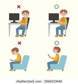 Posture Correction. Good, Right Or Bad, Wrong, Incorrect Spine Seat Position. Correct Posture Neck, Back. Human Health, Medical Diagram. Ergonomic Workstation, Workplace Sit. Vector Illustration. 
