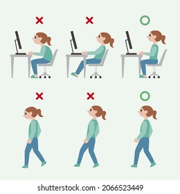 Posture correction. Good, right or bad, wrong, incorrect spine seat position. Correct posture neck, back. Human health, medical diagram. Ergonomic workstation, workplace sit. Vector illustration. 
