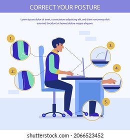 Posture correction. Good, right or bad, wrong, incorrect spine seat position. Correct posture neck, back. Human health, medical diagram. Ergonomic workstation, workplace sit. Vector illustration. 
