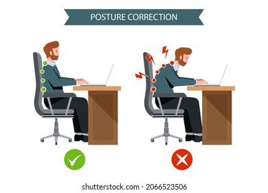 Posture correction. Good, right or bad, wrong, incorrect spine seat position. Correct posture neck, back. Human health, medical diagram. Ergonomic workstation, workplace sit. Vector illustration. 
