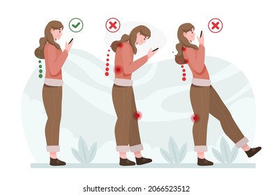 Posture correction. Good, right or bad, wrong, incorrect spine seat position. Correct posture neck, back. Human health, medical diagram. Ergonomic workstation, workplace sit. Vector illustration. 
