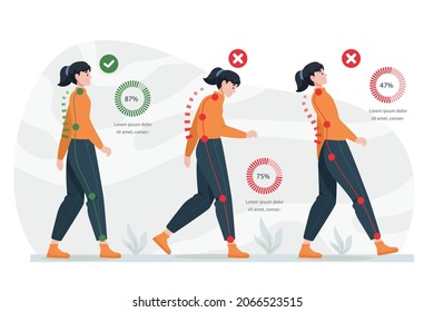 Posture Correction. Good, Right Or Bad, Wrong, Incorrect Spine Seat Position. Correct Posture Neck, Back. Human Health, Medical Diagram. Ergonomic Workstation, Workplace Sit. Vector Illustration. 
