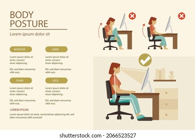 Posture correction. Good, right or bad, wrong, incorrect spine seat position. Correct posture neck, back. Human health, medical diagram. Ergonomic workstation, workplace sit. Vector illustration. 
