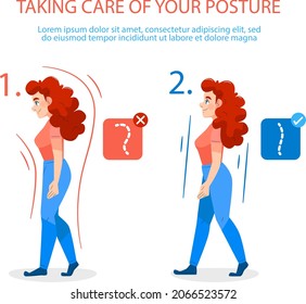 Posture correction. Good, right or bad, wrong, incorrect spine seat position. Correct posture neck, back. Human health, medical diagram. Ergonomic workstation, workplace sit. Vector illustration. 
