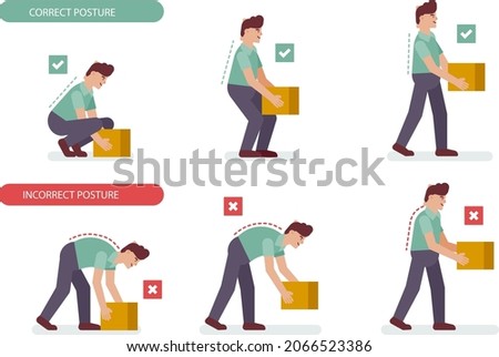 Posture correction. Good, right or bad, wrong, incorrect spine seat position. Correct posture neck, back. Human health, medical diagram. Ergonomic workstation, workplace sit. Vector illustration. 

