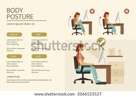 Posture correction. Good, right or bad, wrong, incorrect spine seat position. Correct posture neck, back. Human health, medical diagram. Ergonomic workstation, workplace sit. Vector illustration. 
