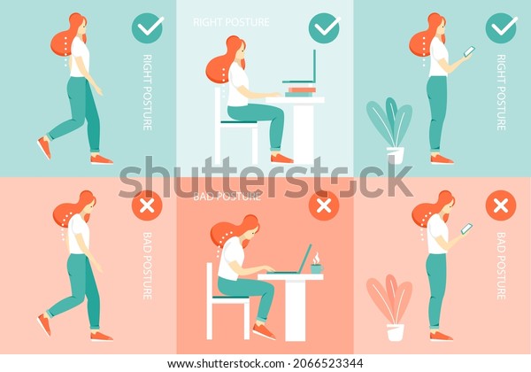 Posture correction. Good, right or bad, wrong,\
incorrect spine seat position. Correct posture neck, back. Human\
health, medical diagram. Ergonomic workstation, workplace sit.\
Vector illustration.\
\

