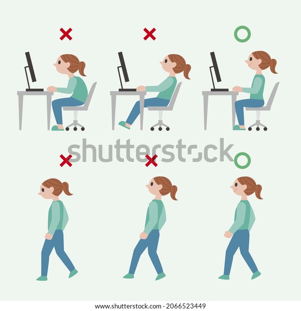 Posture correction. Good, right or bad, wrong,\
incorrect spine seat position. Correct posture neck, back. Human\
health, medical diagram. Ergonomic workstation, workplace sit.\
Vector illustration.\
\
