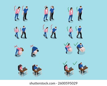Posture Correction Guide for Walking, Lifting, and Sitting 3d flat vector illustrations