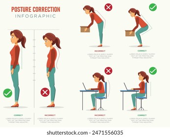 Las infografías de corrección de postura ofrecen consejos visuales y ejercicios para mejorar tu postura, reducir el dolor y mejorar la salud en general al resaltar la alineación adecuada y los errores comunes