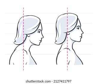 Posture correction. Neck position. Good, right or bad, wrong, incorrect spine seat position. Correct posture neck, back vector illustration