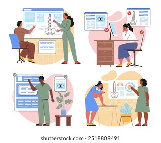 Posture correction set. Men and women with osteopaths. Healthcare and medicine. Healthy lifestyle and proper workplace position. Flat vector collection isolated on white background