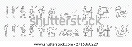 Posture and ergonomics line icon set – editable outline symbols of sitting, standing, lifting, computer, driving and correct alignment
