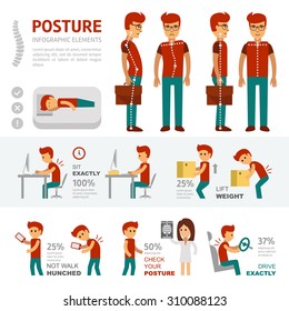 Posture infographic elements. People with back pain go to the doctor and treat scoliosis. Smooth and curve the spine. Man sleeping on a flat mattress