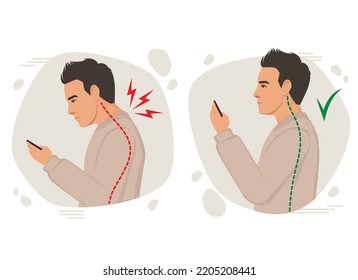 Posture man vector illustration, incorrect head angle using phone, bad posture, backache, Shoulder pain, curvature of the spine, Incorrect posture using mobile smart phone flat cartoon style