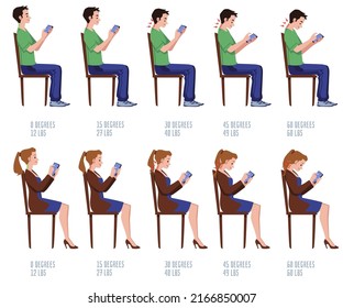 Posture of man, woman sitting on chair using phone in vector illustration isolated on white. Cartoon characters with stages of curvature of spine as result of incorrect posture when viewing smartphone