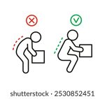 Posture of spine for lift box, ergonomic work of person, line icon. Lifting weight with correct and incorrect posture. Picking up cargo box. Vector outline illustration