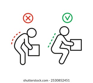 Posture of spine for lift box, ergonomic work of person, line icon. Lifting weight with correct and incorrect posture. Picking up cargo box. Vector outline illustration