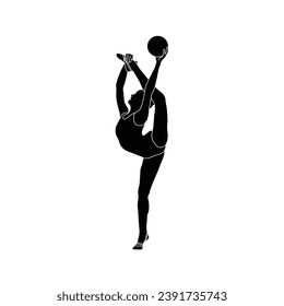 Postures of Rhythmic Gymnastics with ball flat sihouette vector. Rhythmic Gymnastics female athlete black icon isolated on white background.